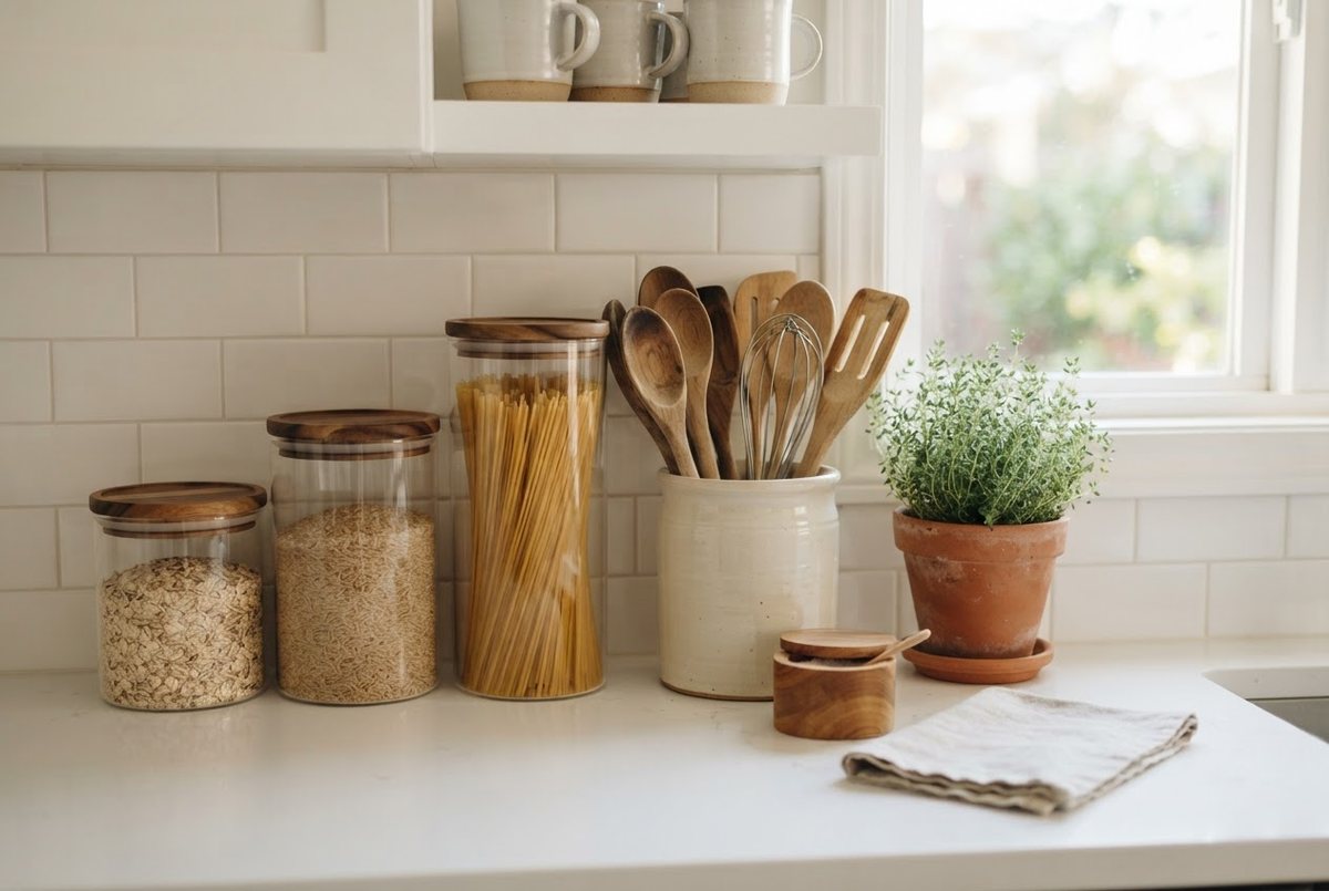 Clear glass pantry canisters, a cream utensil crock and a small potted herb on a white kitchen counter in morning light