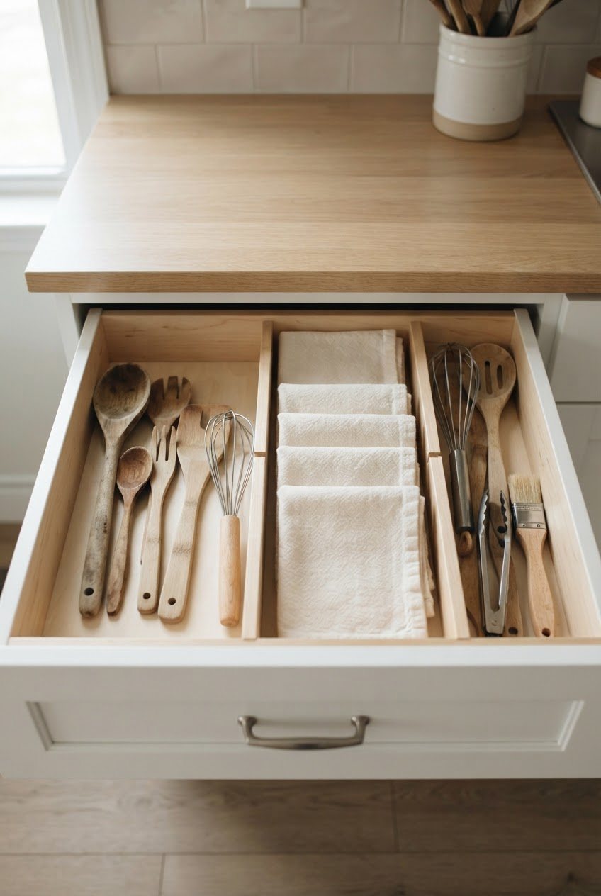 A white kitchen drawer with adjustable dividers holding wooden spoons and folded cream tea towels