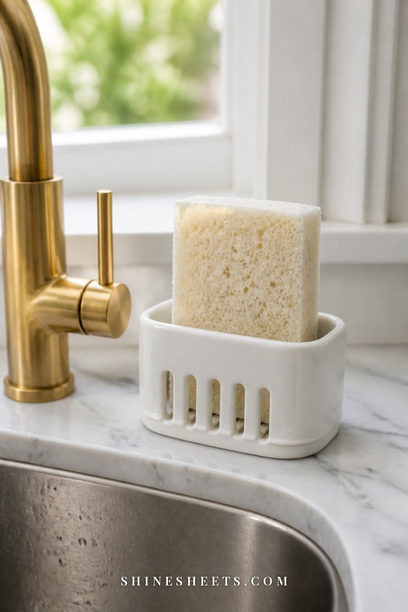 A cream sponge drying upright in a white ceramic sponge holder beside a kitchen faucet in soft daylight