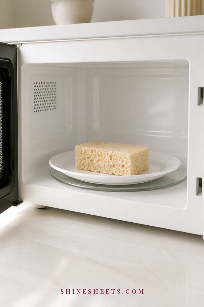 A damp cream kitchen sponge on a white ceramic plate inside a clean bright microwave interior