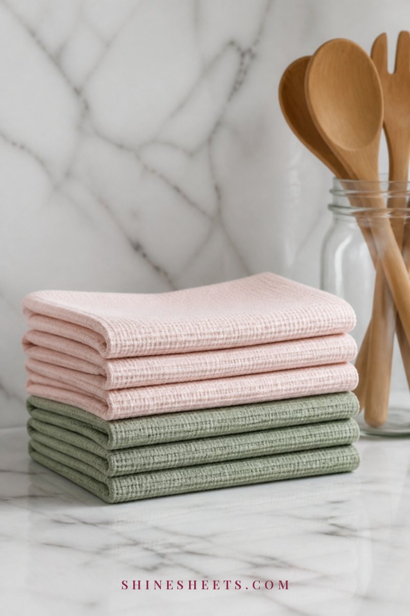 Folded soft blush and sage Swedish dishcloths stacked on a white marble counter beside a glass jar of wooden spoons