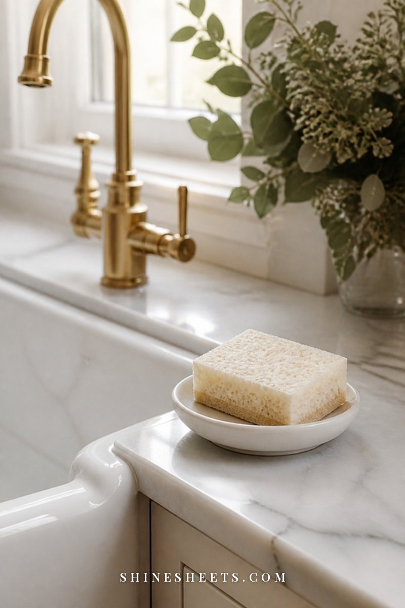 A fresh yellow-cream kitchen sponge resting on a white ceramic dish beside a clean farmhouse sink in morning light