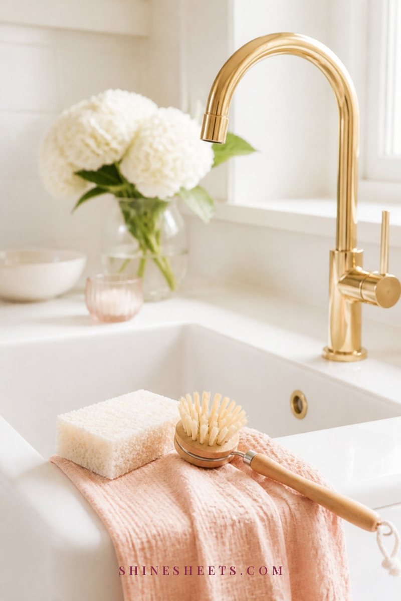 A gleaming white kitchen sink with a new cream sponge, a dish brush and a folded blush cloth arranged on the edge in morning light