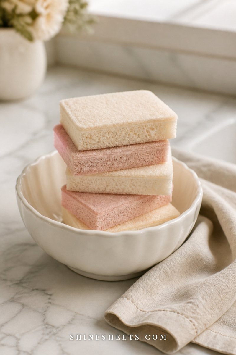 A neat stack of new cream and blush kitchen sponges in a white ceramic bowl on a marble counter