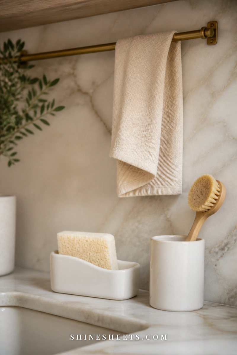 A tidy sink area with a ceramic sponge holder, a wooden dish brush in a cup and a folded cream dishcloth hanging on a rail