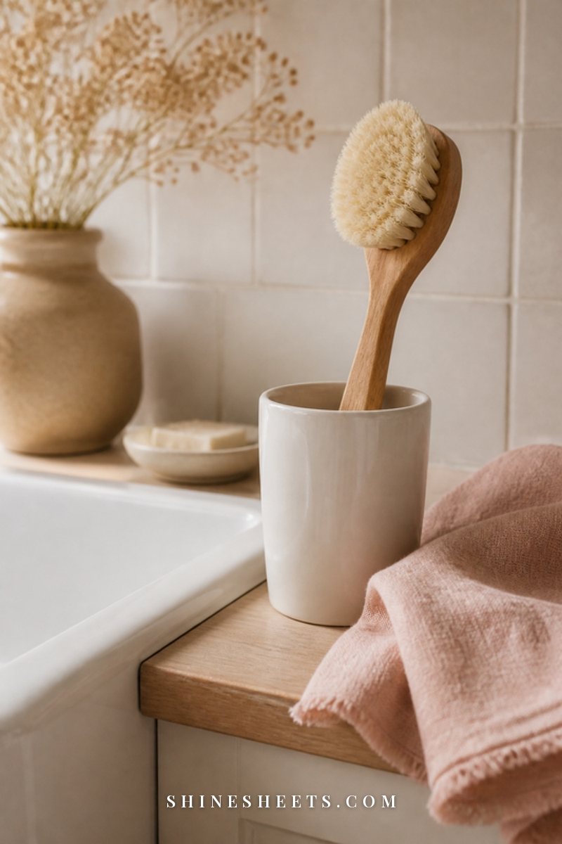 A wooden dish brush with cream bristles standing in a white ceramic cup beside a farmhouse sink