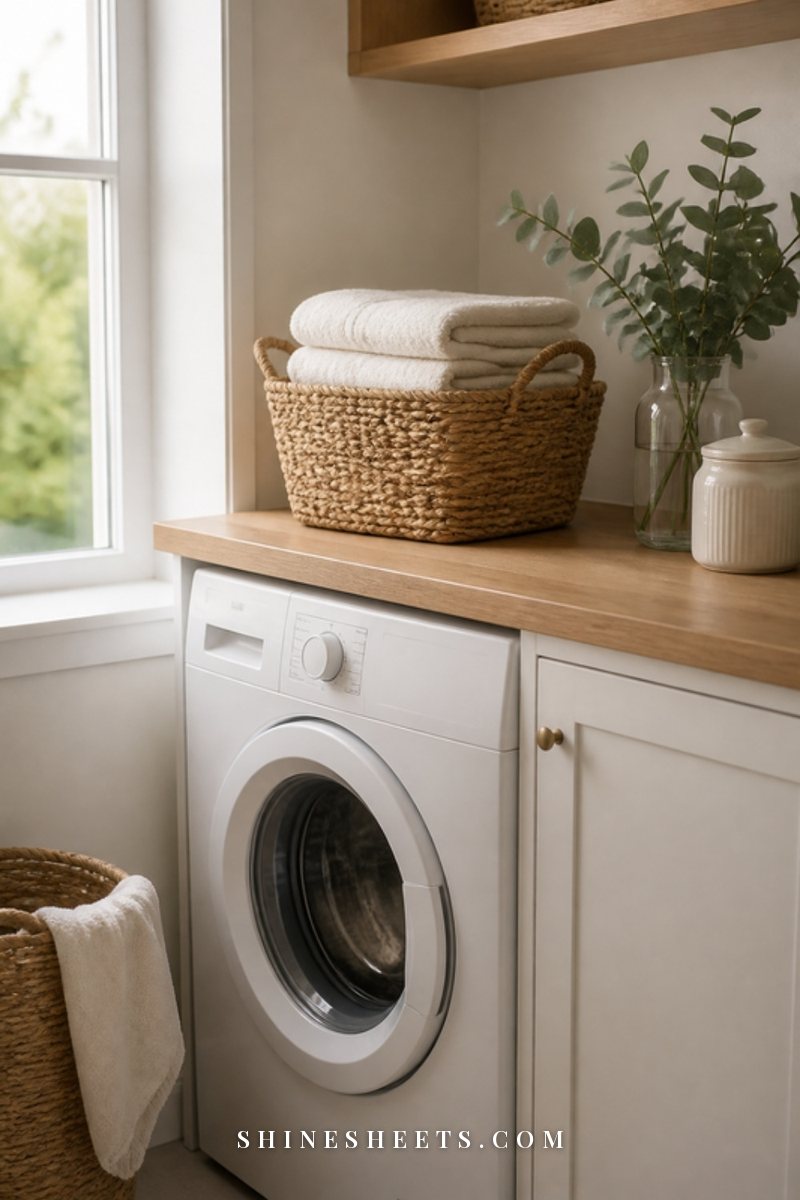Bright, calm laundry corner with a white front-loading washer, a woven basket of folded cream towels and a sprig of eucalyptus