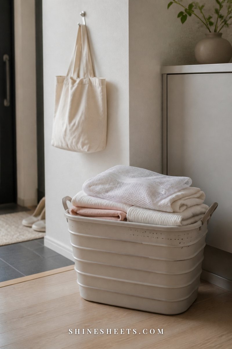 Collapsible laundry basket in soft gray-beige filled with neatly folded clothes and a mesh laundry bag, resting by an apartment door