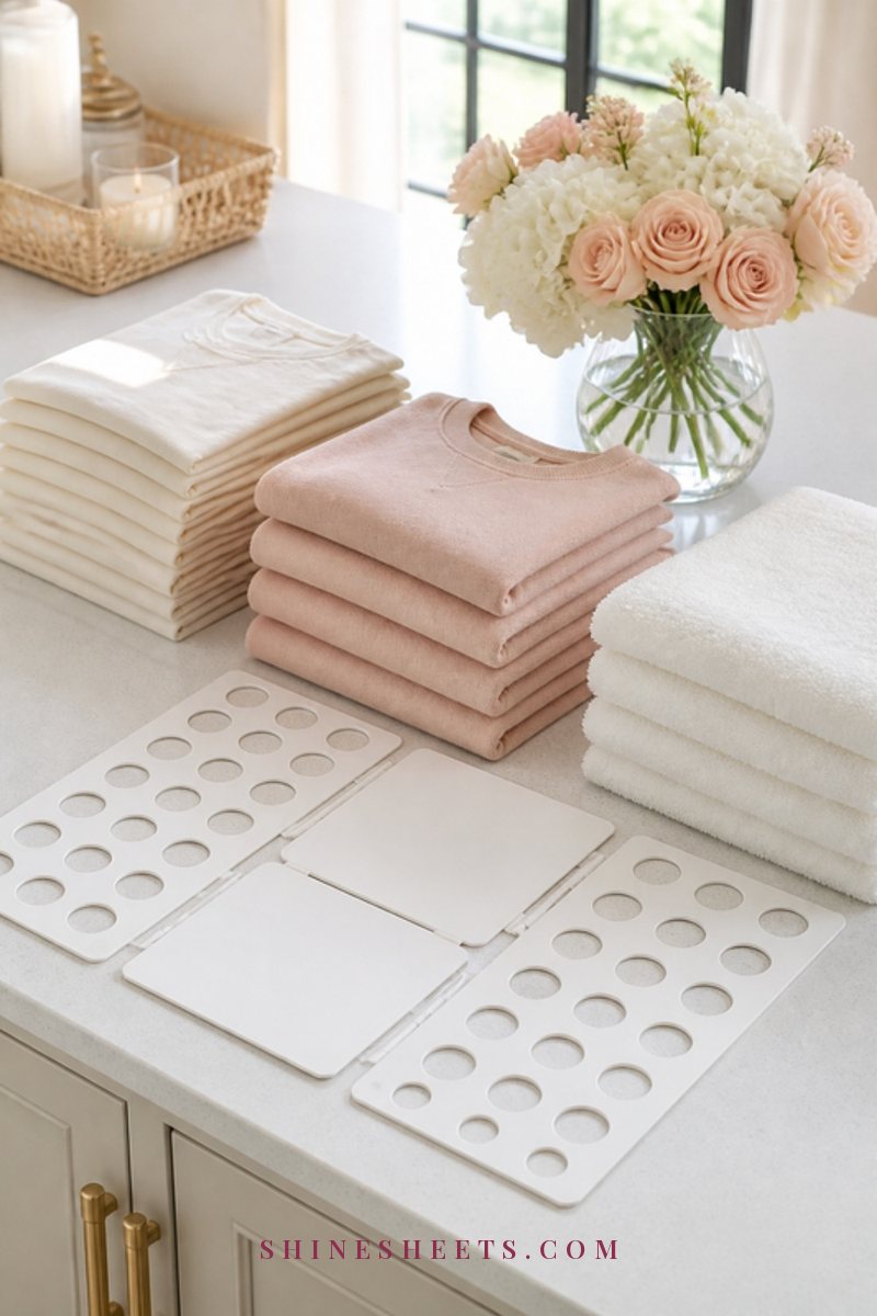 Neat folding station on a white countertop with stacks of folded cream and blush clothes, a folding board and a small vase of flowers