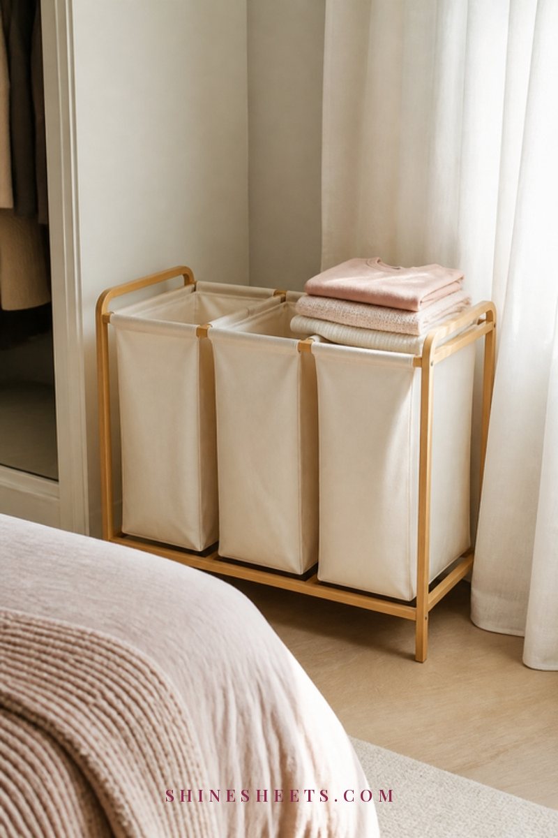 Three-section laundry hamper in cream canvas with a natural wood frame in a bright bedroom corner beside a linen curtain