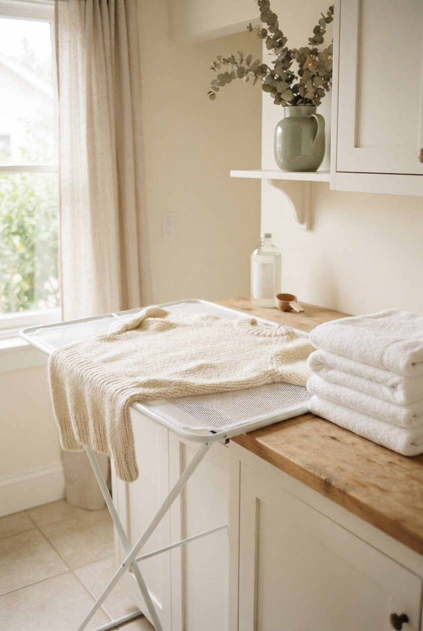 Cream knit sweater drying flat on a white mesh drying rack next to a stack of folded white towels in soft daylight