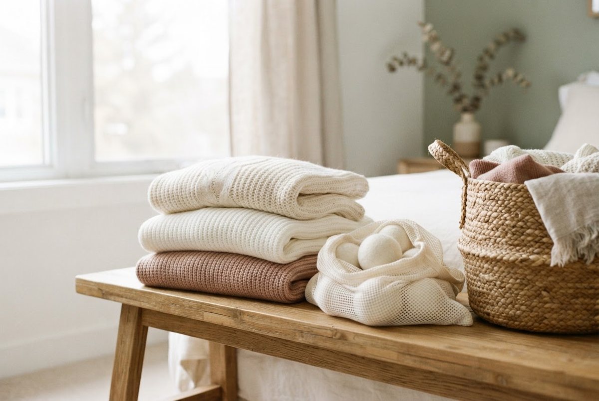 Folded cream and white knit sweaters, a white mesh laundry bag and wool dryer balls on a light wooden bench beside a woven basket