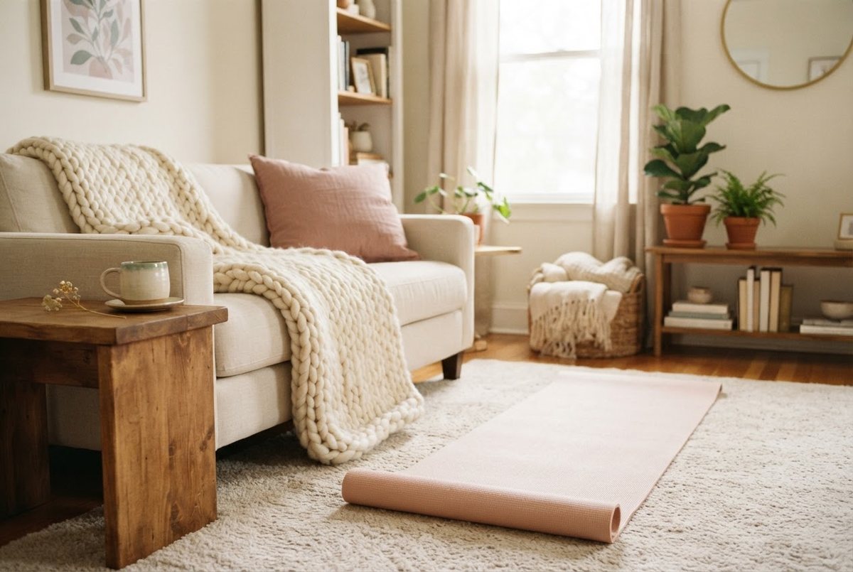 Cream sofa with a chunky knit blanket, a blush yoga mat rolled out on a soft rug and a mug of tea on a side table