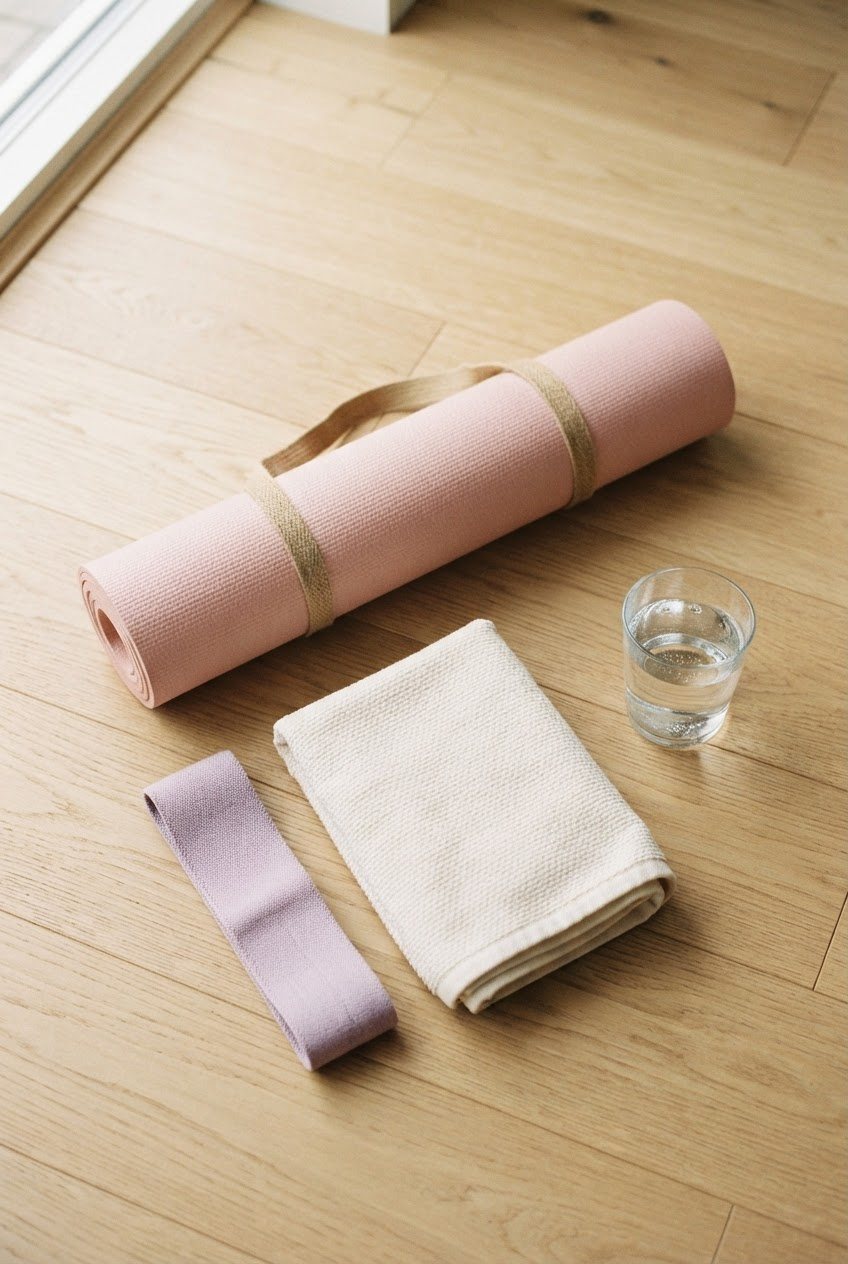 Rolled blush pink yoga mat, lavender resistance band, folded cream towel and a glass of water on a light wooden floor