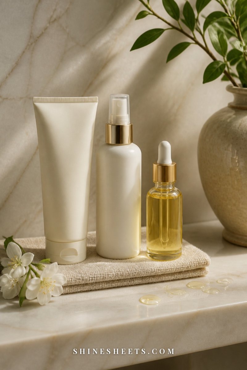 Three hair products, a cream tube, a white spray bottle and a glass dropper bottle of oil, lined up on a beige towel