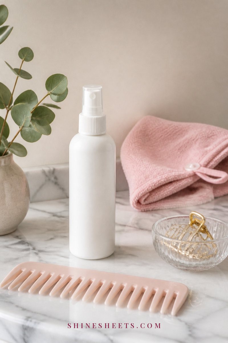 White spray bottle of leave-in conditioner beside a wide tooth comb and a folded blush towel on a marble counter