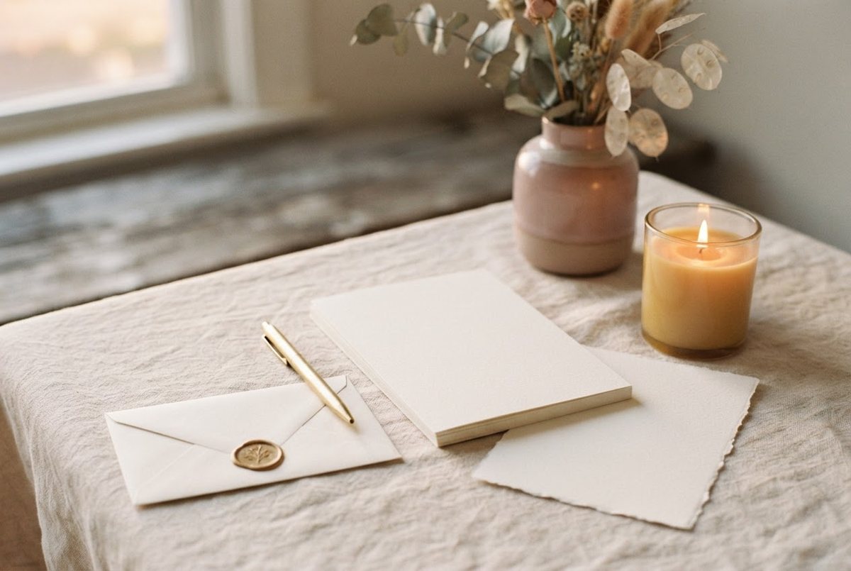 Cream writing paper, a gold pen, a sealed envelope with a wax seal and a glass candle on a linen tablecloth