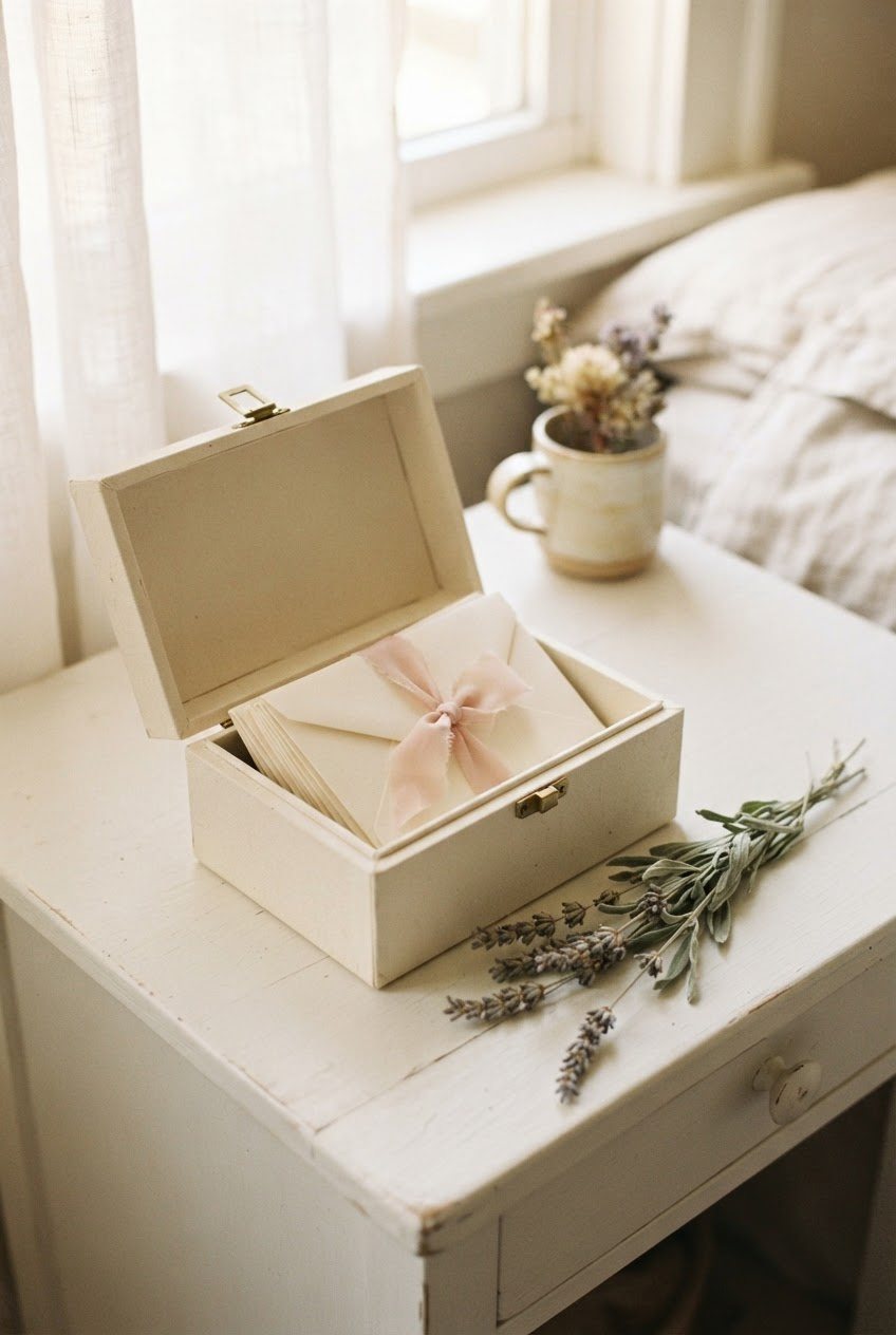 Sealed cream envelopes tied with a pale pink ribbon inside an open keepsake box on a white bedside table