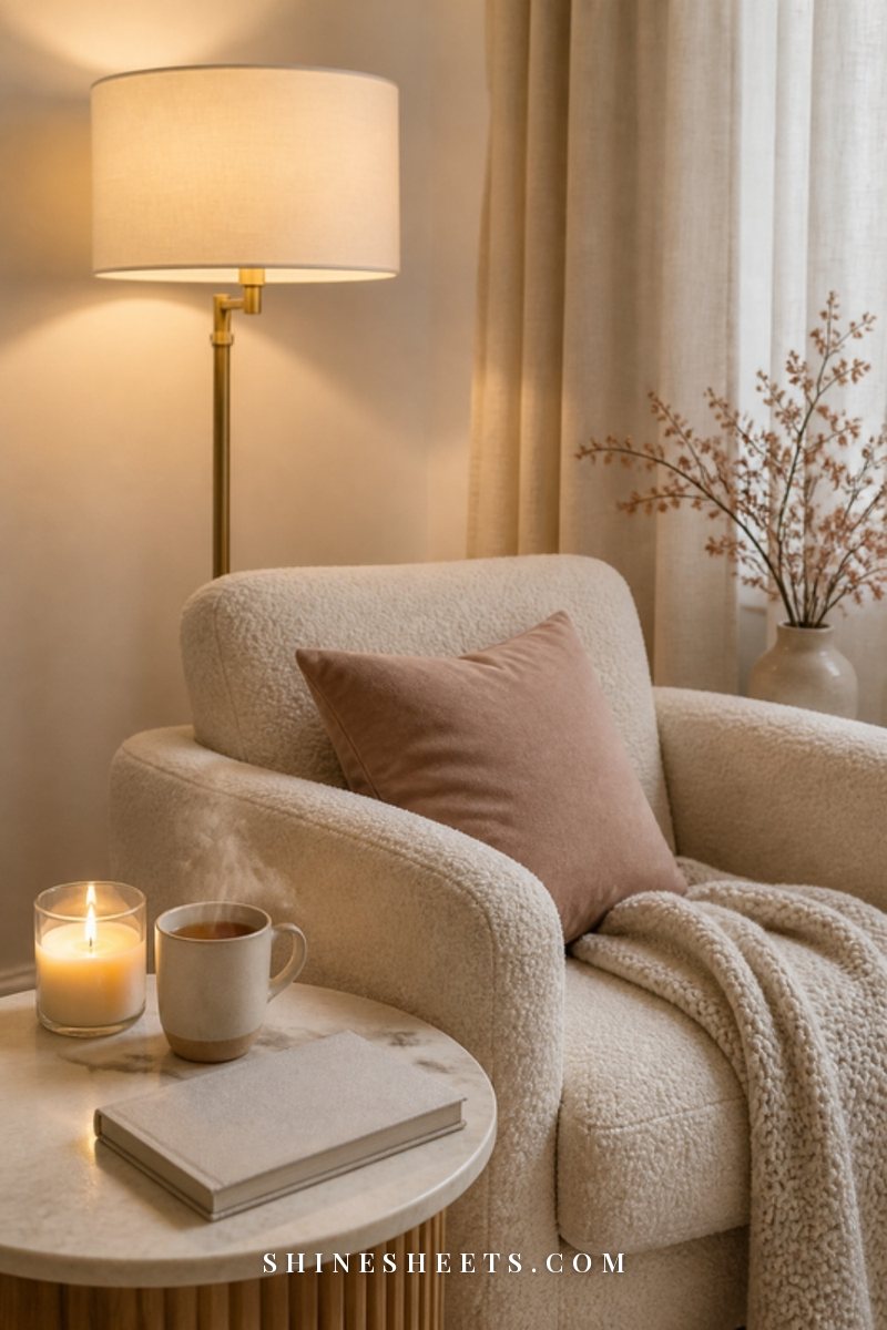Quiet reading nook with a cream armchair, a lit glass candle, a steaming mug of tea and a linen notebook on a side table