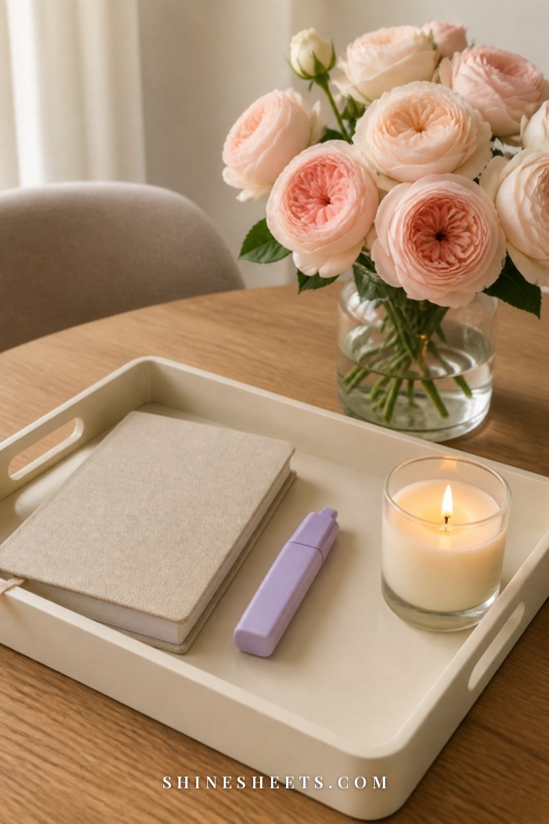 Small linen notebook, a pastel highlighter and a lit candle on a cream tray beside a vase of fresh blush flowers