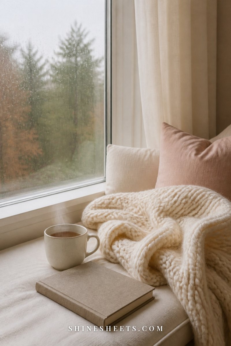 Soft cream knit blanket on a window seat with a steaming mug of tea and a closed linen journal in gentle afternoon light