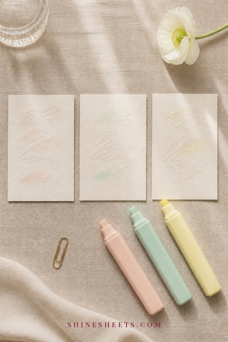 Three small cards with soft illegible handwriting laid on a cream linen tablecloth beside pastel highlighters and a white flower