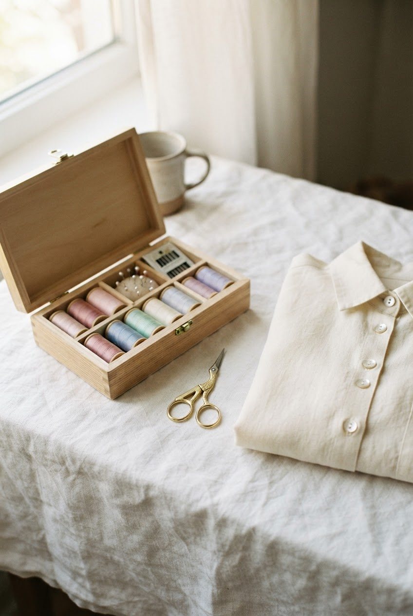 Open sewing kit with pastel thread spools, a pair of scissors and a folded cream shirt on a white linen surface