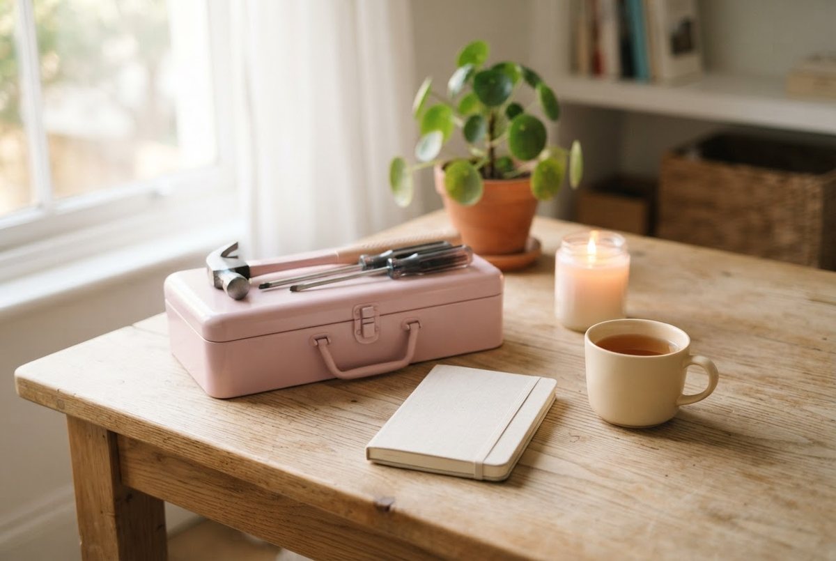 Pink tool kit, a glass candle, a cream notebook and a mug of tea on a light wooden table