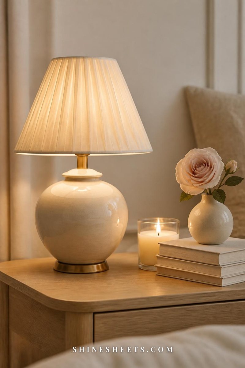 Ceramic table lamp with a pleated cream linen shade glowing warmly on a wooden side table beside a glass candle