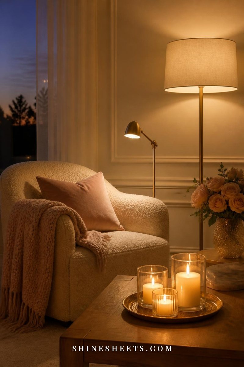 Cream living room at dusk lit by a linen floor lamp, a small table lamp and glass candles with the ceiling light off
