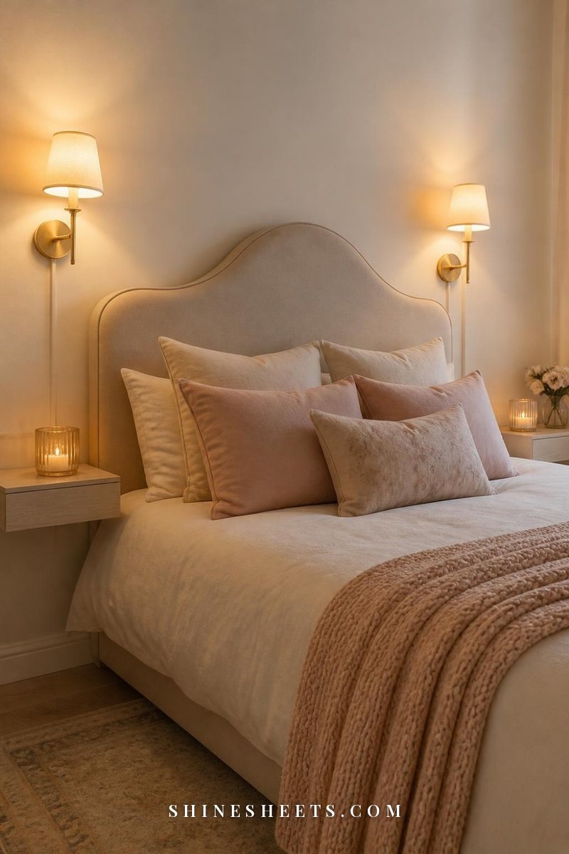 Pair of cream plug-in wall sconces with fabric shades glowing on either side of a bed with cream linen bedding