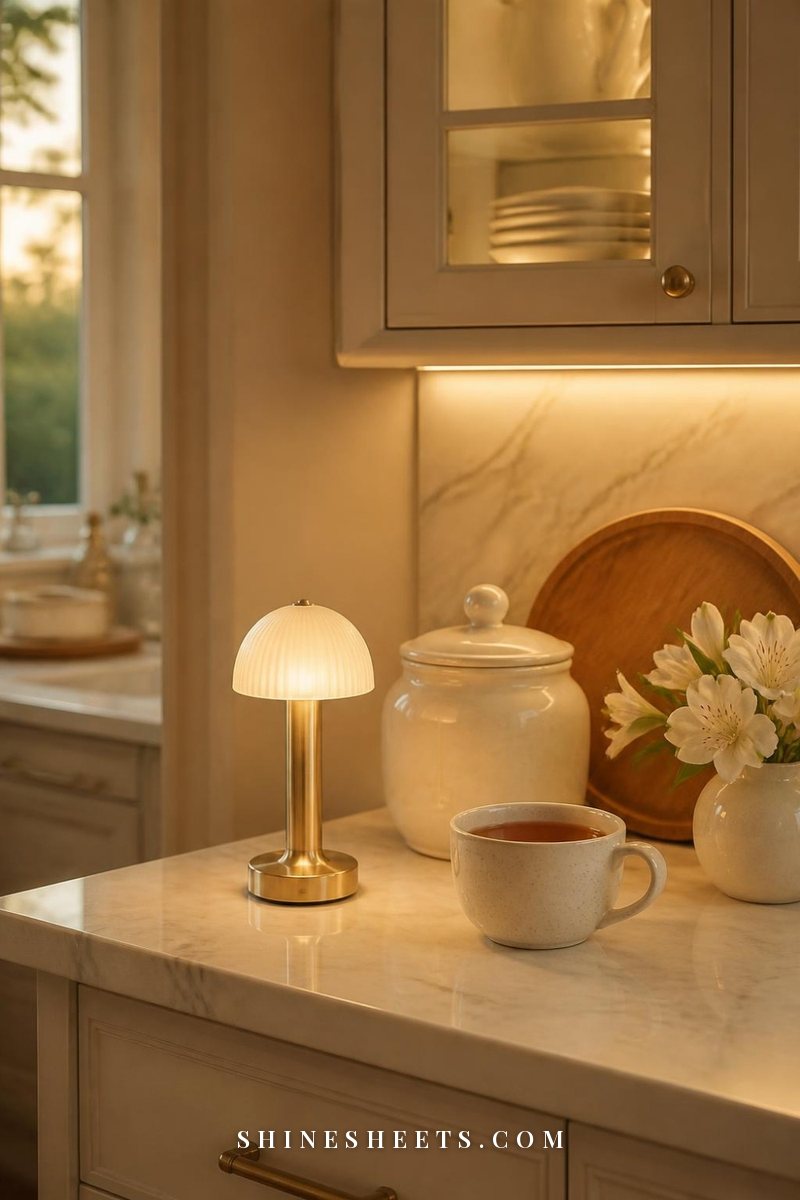 Small gold cordless lamp with a cream shade glowing on a kitchen counter beside a ceramic jar and a cutting board