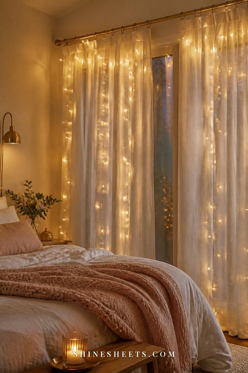 Warm white string lights draped softly along a curtain rod behind sheer cream curtains in a calm bedroom at dusk
