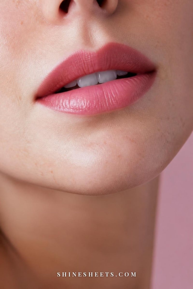 Close-up of lips defined with a mauve liner and filled with a rose-pink satin lipstick, smooth and elegant