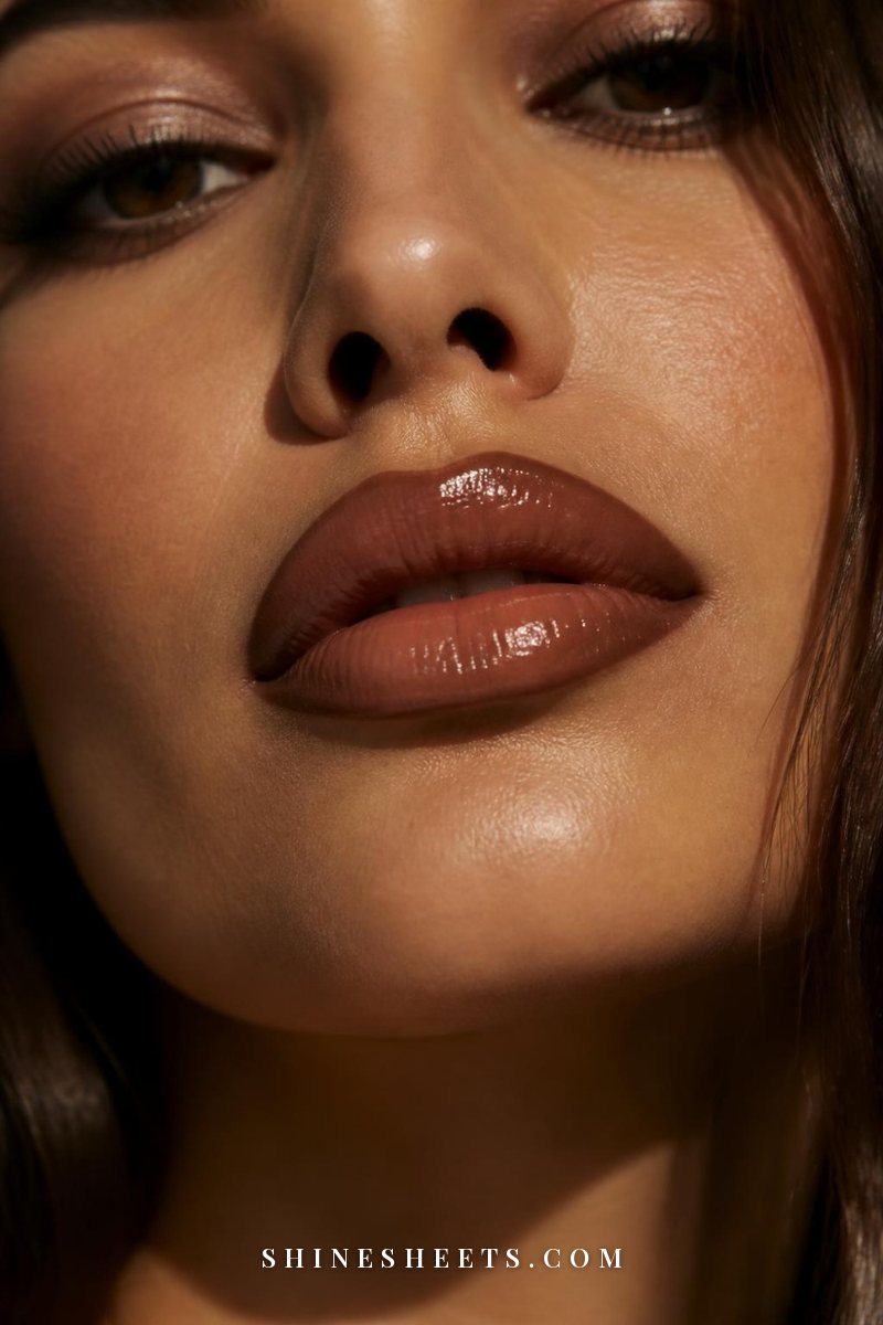 Close-up of lips lined with a deep espresso brown liner and topped with a glossy brown gloss in a 90s style