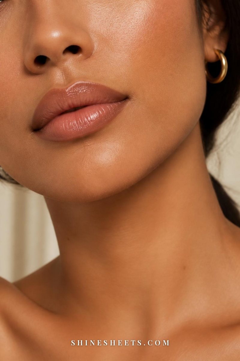 Close-up of lips lined with a warm brown liner and filled with a creamy satin nude lipstick, softly blended