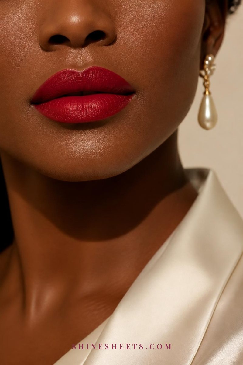 Close-up of perfectly defined lips in a classic blue-red satin lipstick with a crisp matching red liner