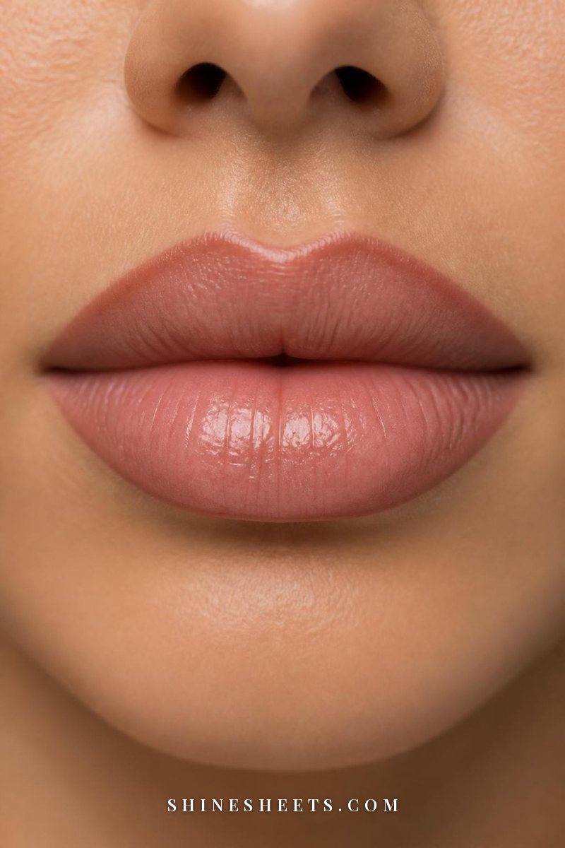 Close-up of softly overlined lips with a rosy-brown liner just outside the center of the upper lip, blended into a nude lipstick