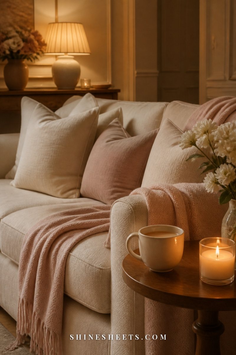 Cozy sofa with a soft throw, a mug of tea and a lit candle set up for a relaxed evening
