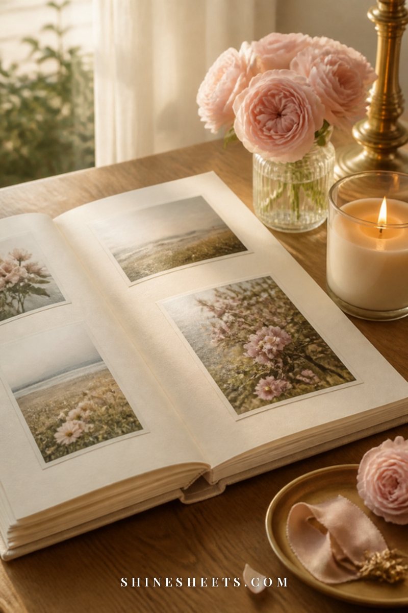 Open photo album with blank cream pages, scattered photos turned face down and a small vase of roses