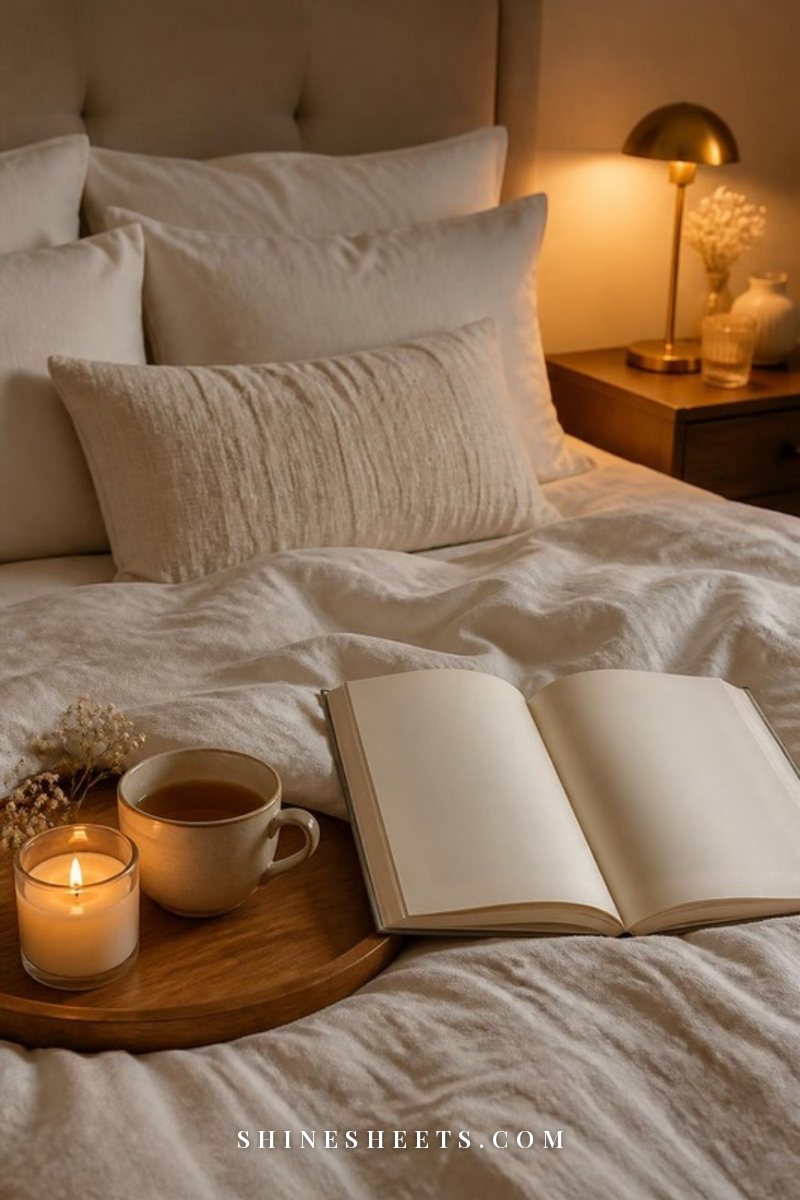Two books, a reading light and a cup of tea on a cozy bed with a cream knit blanket
