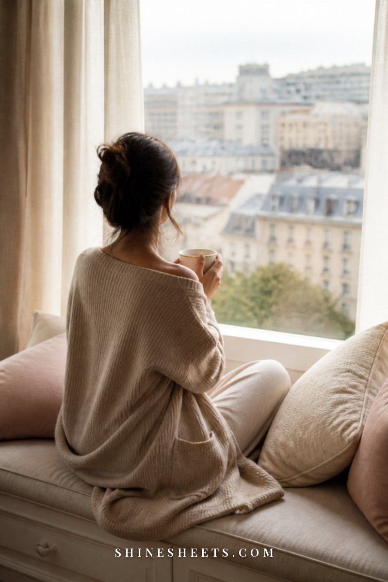 Woman seen from behind sitting on a window seat with a cup of tea, looking out at a soft morning city view