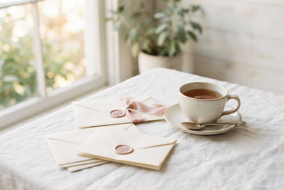 Cream envelopes with a blush wax seal, a handwritten letter and a cup of tea on a white linen tablecloth in soft window light