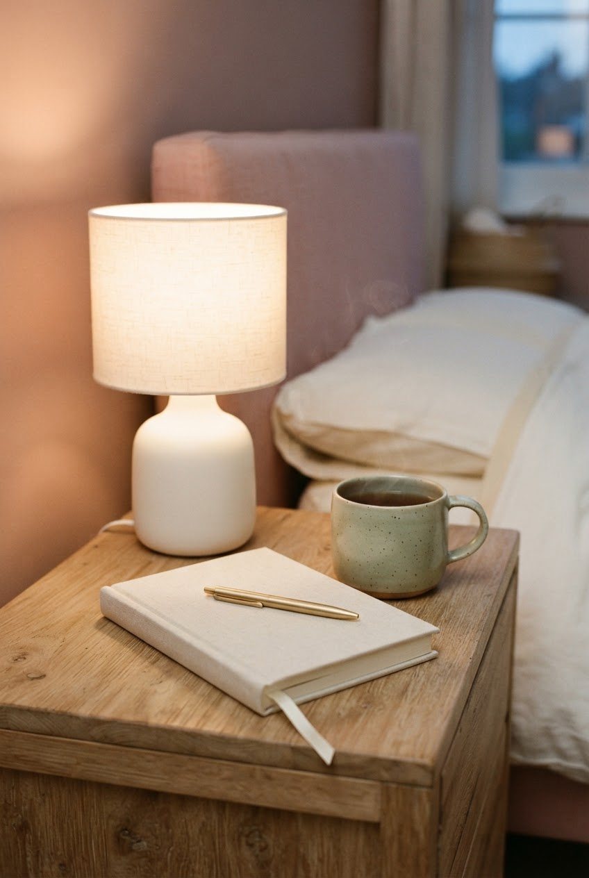 White touch lamp glowing softly on a nightstand beside a cream journal, a pen and a cup of tea in warm evening light