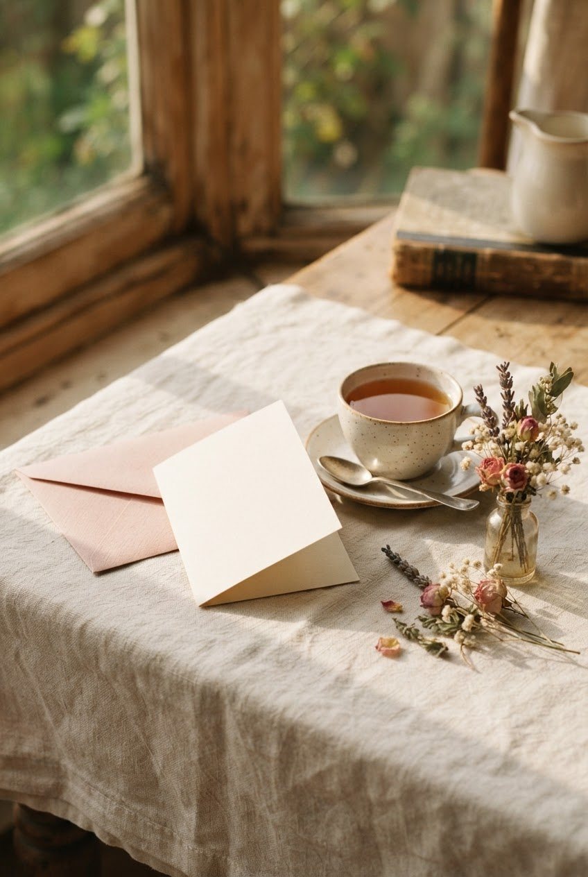 Blush envelope, a handwritten card with no visible words, dried flowers and a cup of tea on a cream linen tablecloth