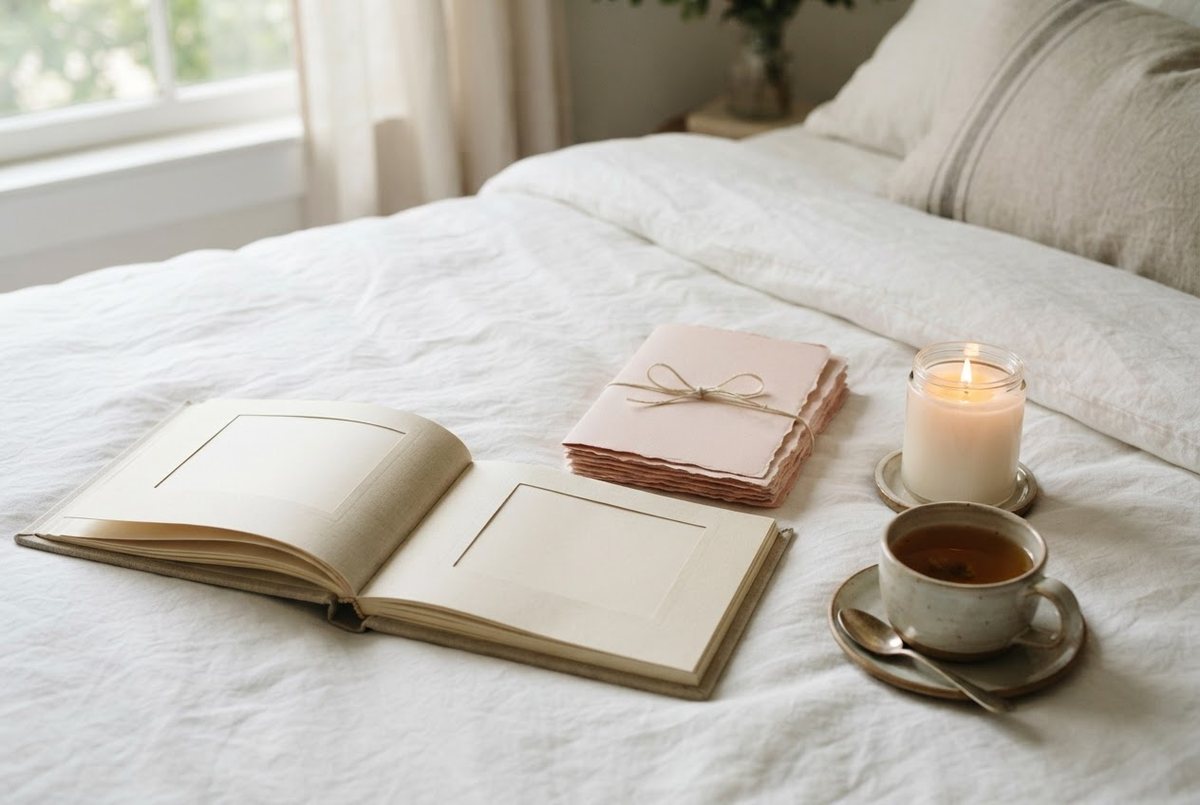 Open polaroid photo album with blank pages, a blush card set, a glass candle and a cup of tea on a white linen bed