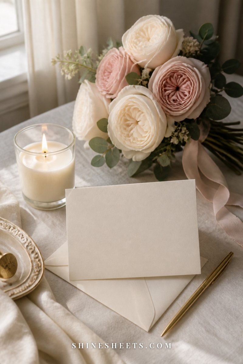 Large bouquet of blush roses on a cream table next to a single closed envelope and a cup of tea