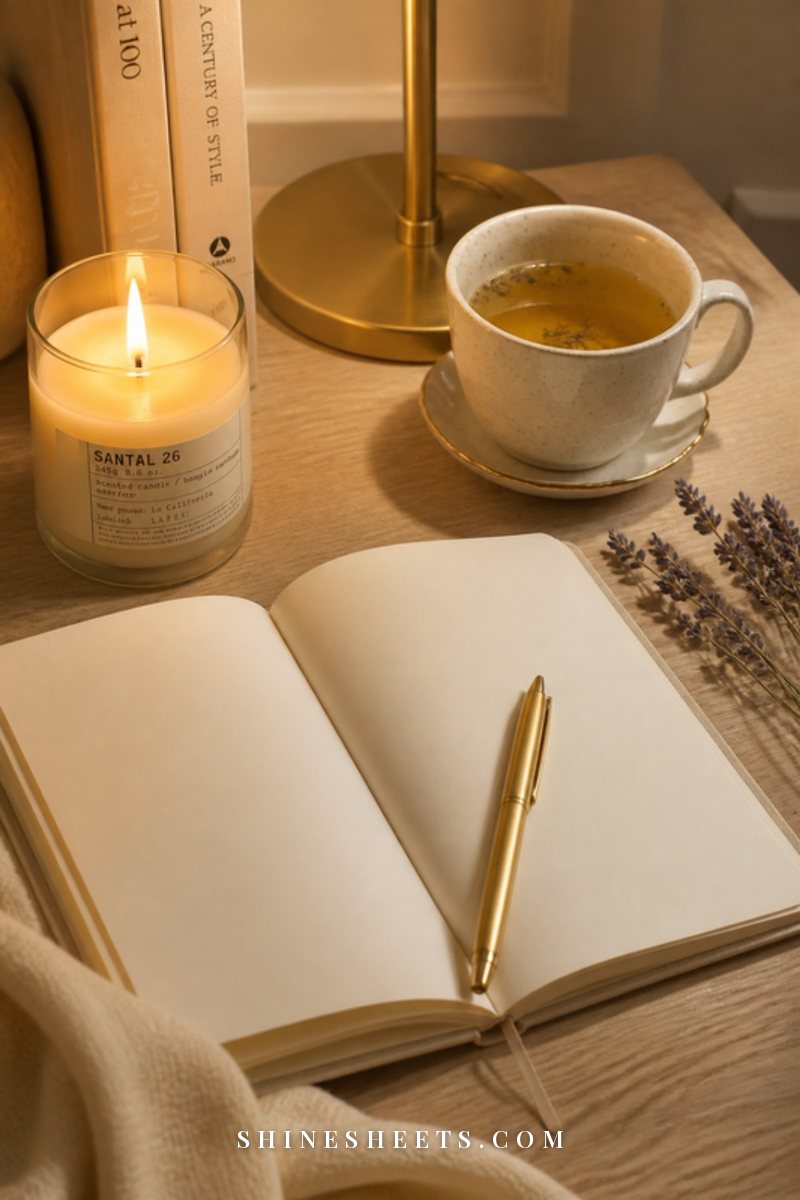Open blank journal with a gold pen, a glass jar candle and a cup of herbal tea on a wooden desk