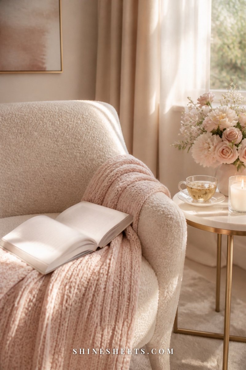 Soft cream throw blanket over an armchair with a cup of herbal tea and a book on a side table