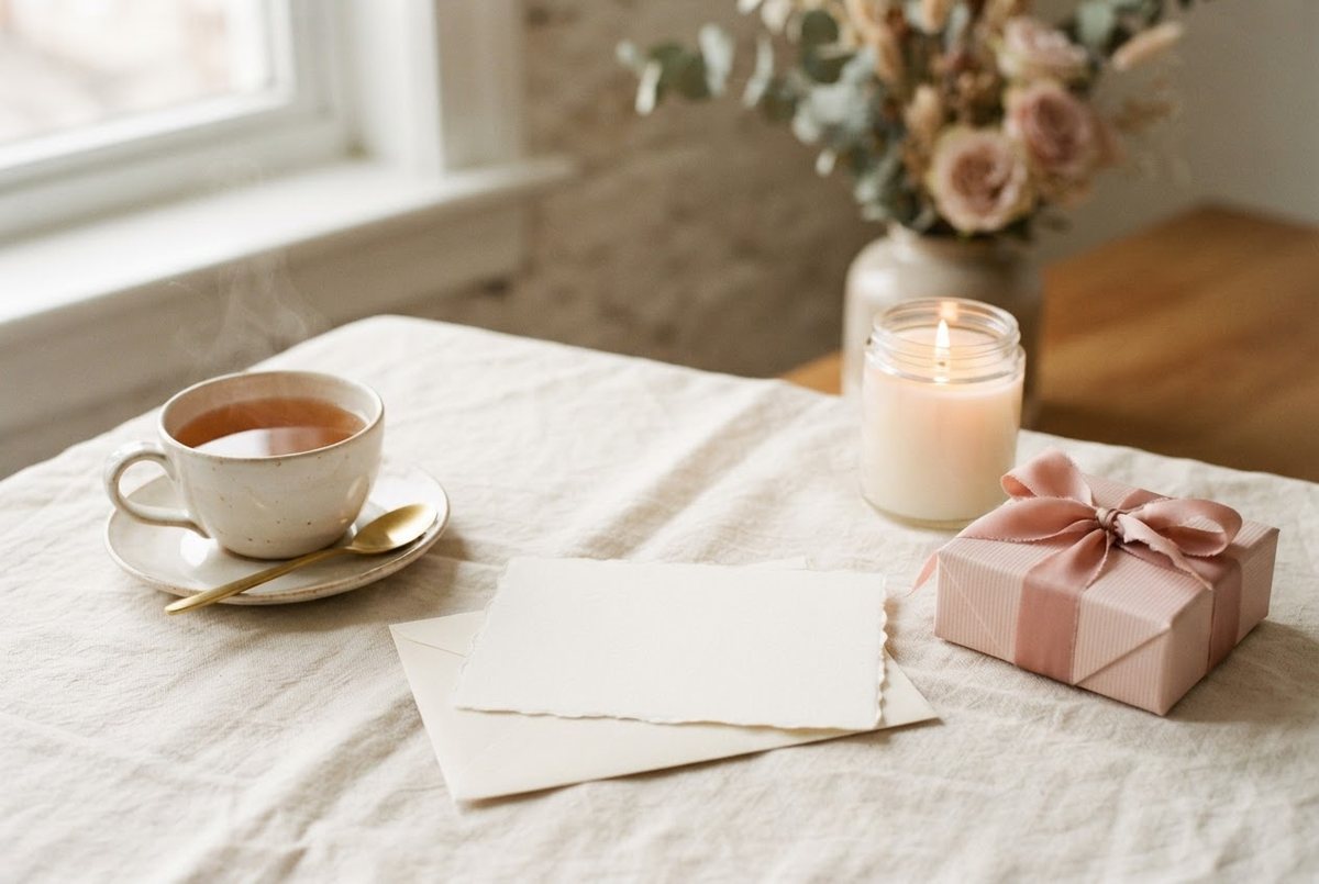 Blank cream love note card, a small blush gift box, a cup of tea and a glass candle on a cream linen tablecloth